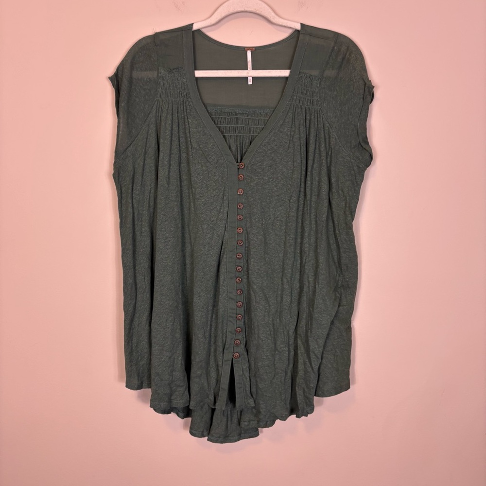 Free‎ People Green V Neck Button-Front Cap Sleeve Top XS